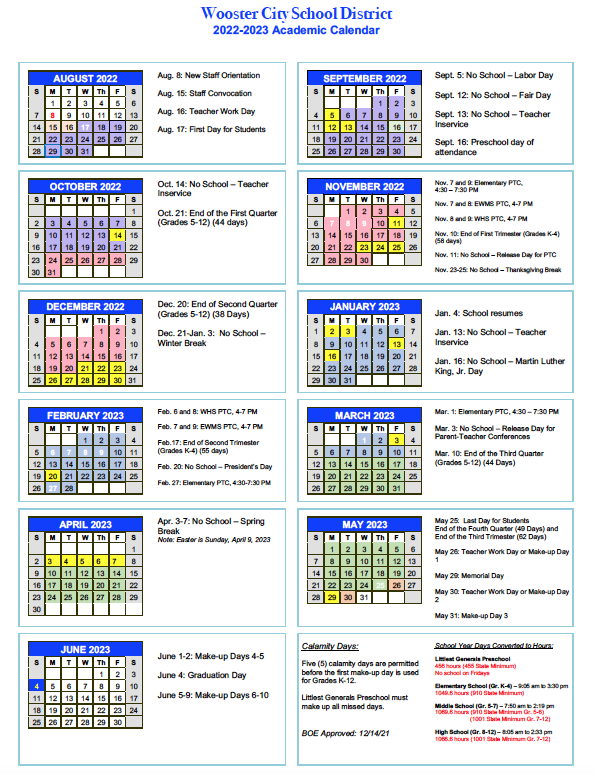 School Calendars Wooster City Schools